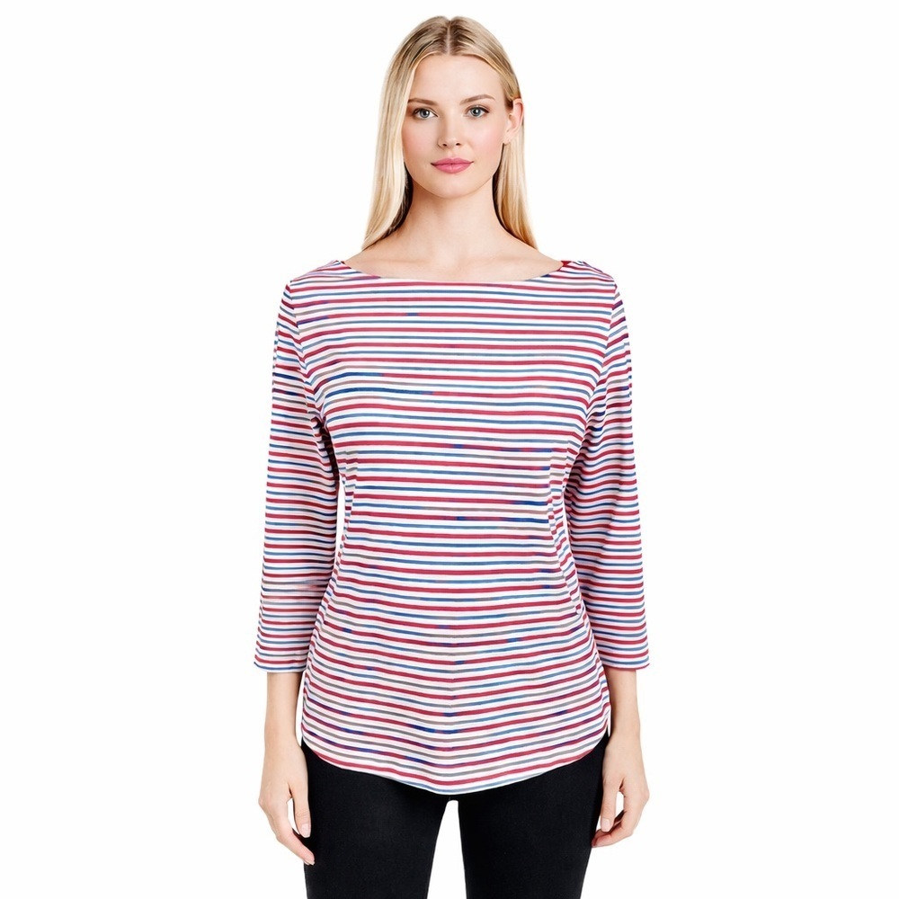 J. McLaughlin Striped Boat Neck 3/4 Sleeve Top Catalina Cloth Preppy Size M